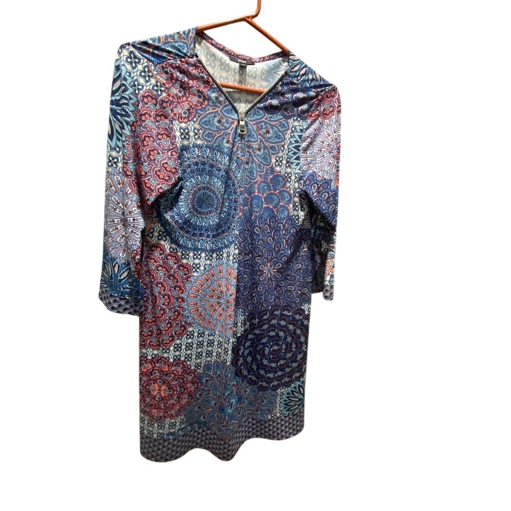 MSK Dress Womens Size L Blue Coral Medallion Print 3/4 Sleeve Shift V-Neck